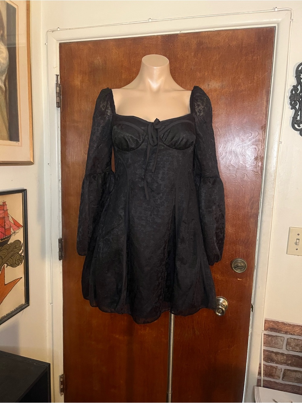 Black Whimsical Goth Fairy Floral Print Bustier Long Bell Sleeve Mini Dress L